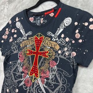 Rebel Spirit Tee Shirt Women's L Studs Grunge Y2K Affliction Style Cross Street